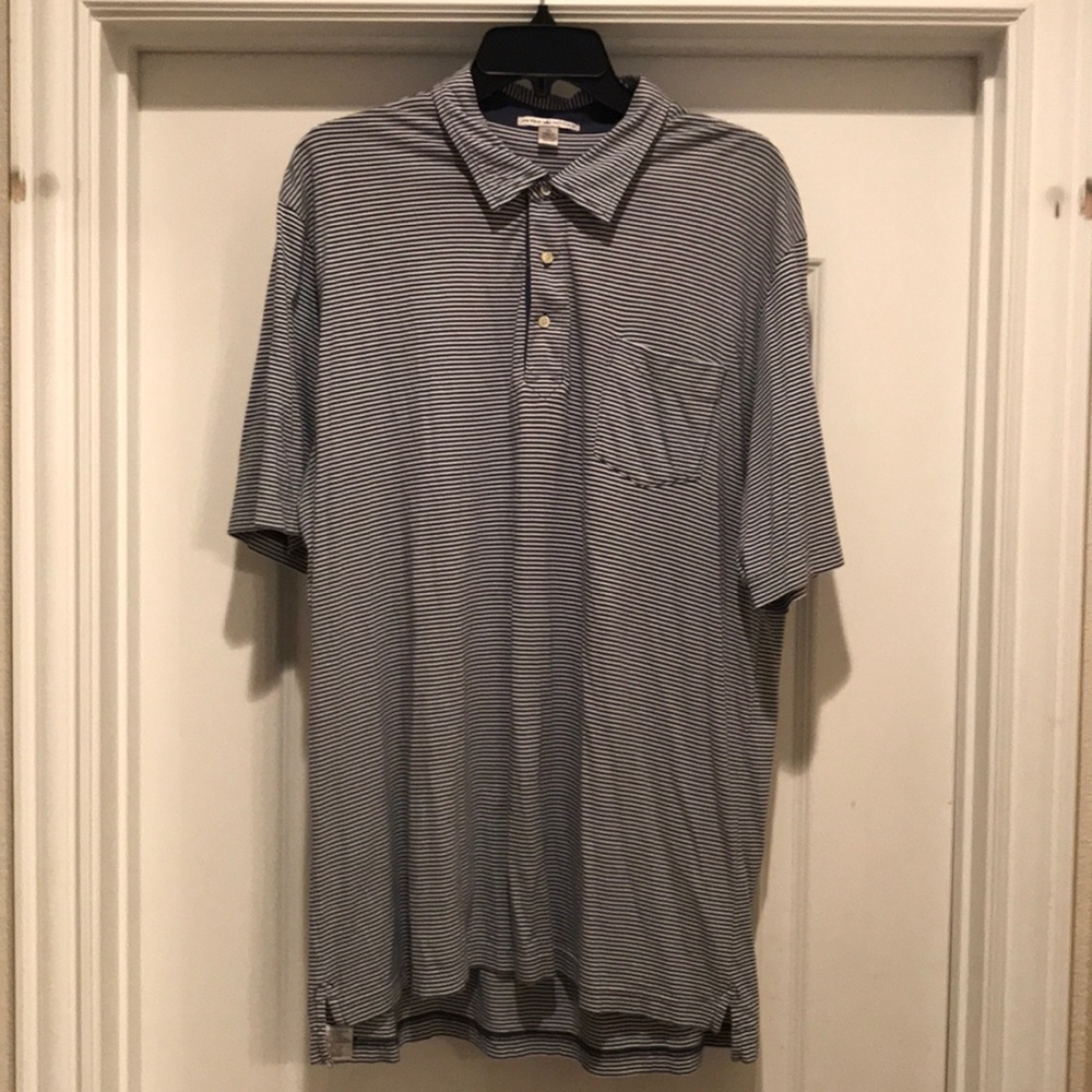 navy and white stripe Peter Millar polo shirt